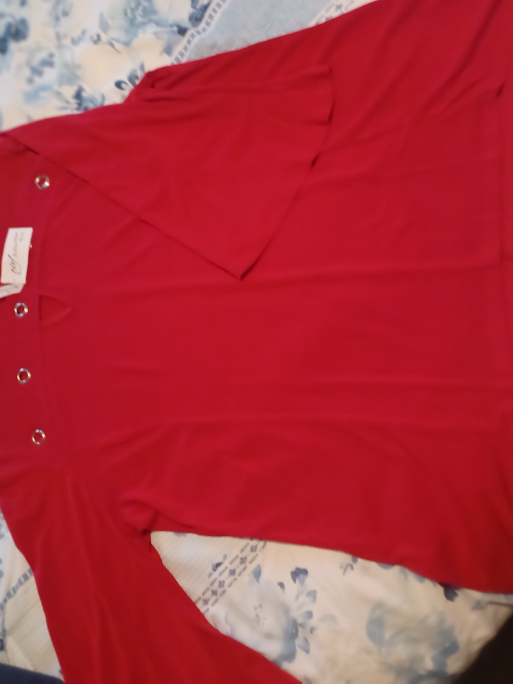 NY Collection Bright Red Long Sleeve Top with Eyelet Detail